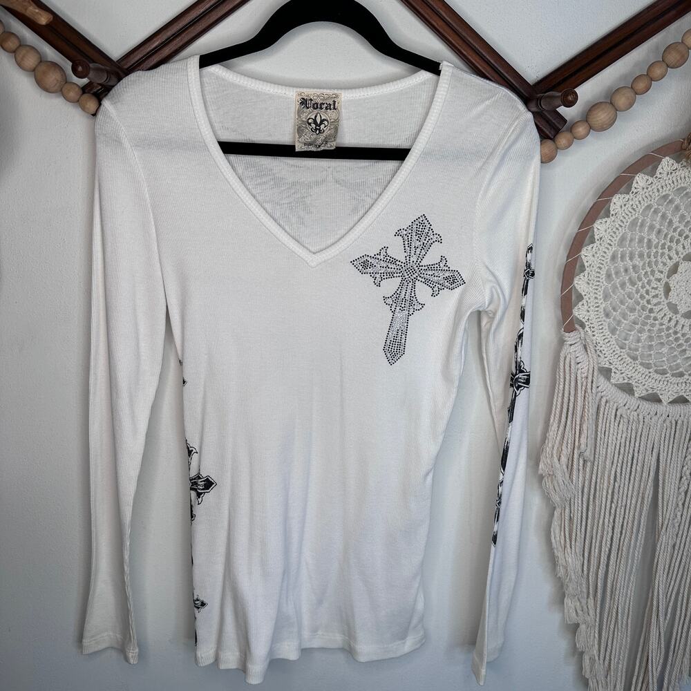 Vocal Y2K White Bling Cross Wing Long Sleeve T
